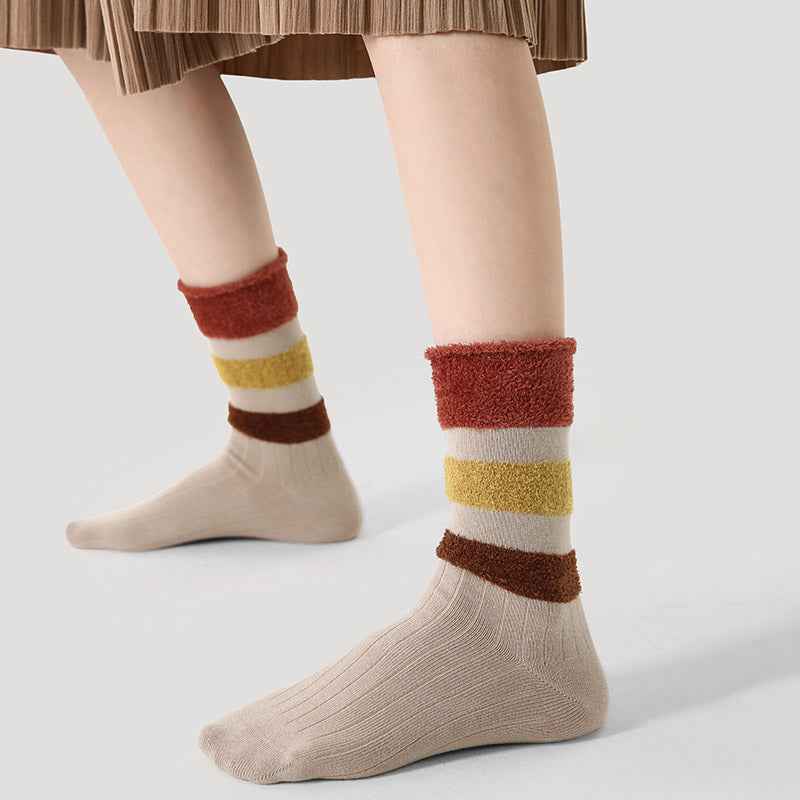 Women Cotton Crew Socks Plush Contrast Color Stitching Thick Warm Retro
