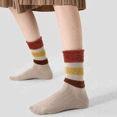 Women Cotton Crew Socks Plush Contrast Color Stitching Thick Warm Retro