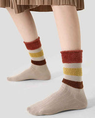 Women Cotton Crew Socks Plush Contrast Color Stitching Thick Warm Retro