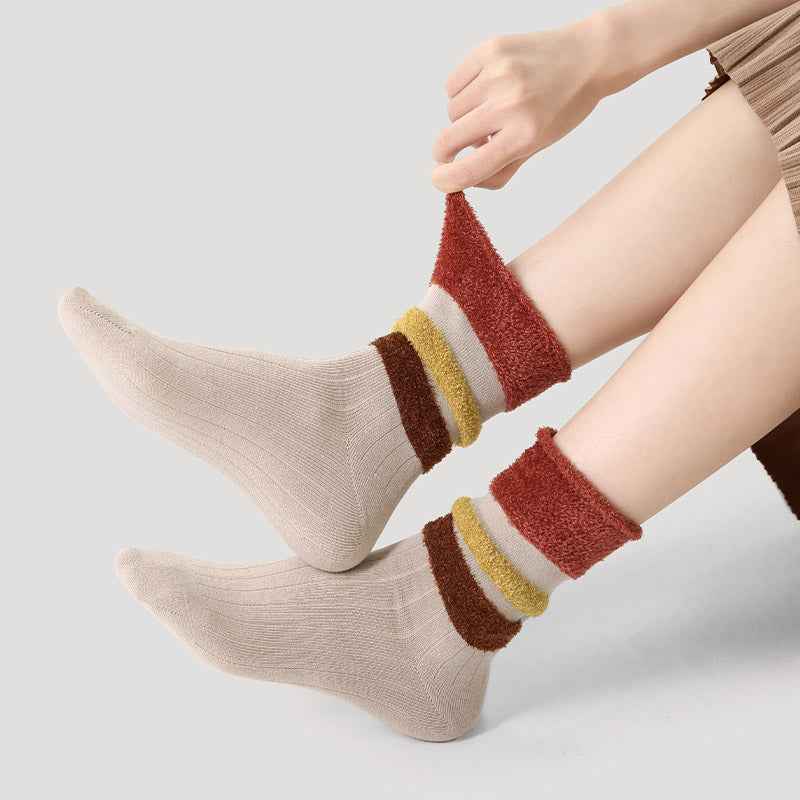 Women Cotton Crew Socks Plush Contrast Color Stitching Thick Warm Retro