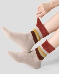 Women Cotton Crew Socks Plush Contrast Color Stitching Thick Warm Retro