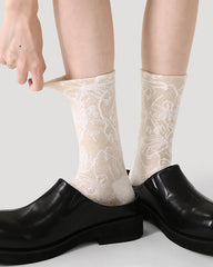 レディース バレエ コットン クルー ソックス フローラル レリーフ エレガント レディライク 厚手 暖かい