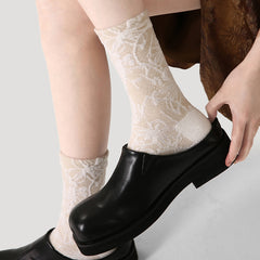 レディース バレエ コットン クルー ソックス フローラル レリーフ エレガント レディライク 厚手 暖かい