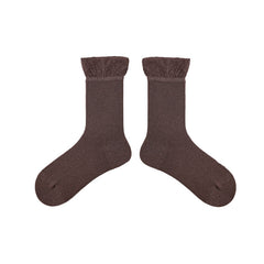 여성용 면 크루 양말 솔리드 색상 버블 커프 프레피 스타일 두껍고 따뜻함