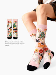 Christmas Cats & Dogs Crew Socks Cute Floral Holiday Puppy Kitten Socks