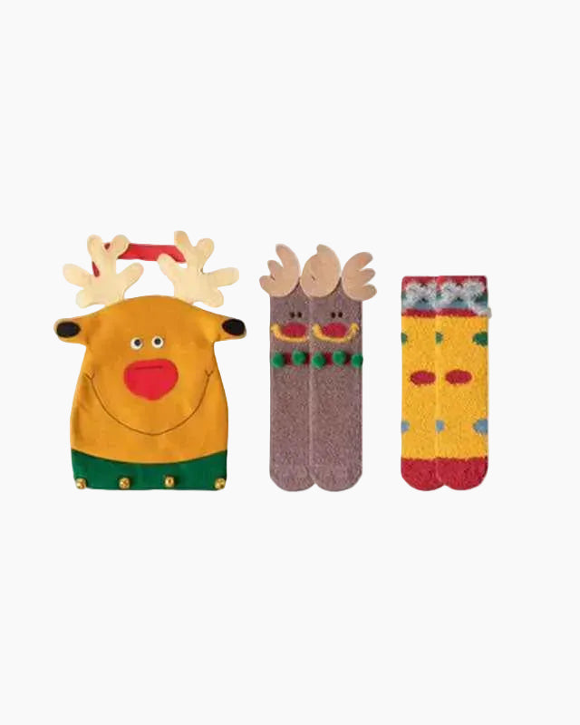 Gift Bag Set Women Kids Crew Socks Christmas Cute Cozy Thick Fuzzy Non Slip Socks