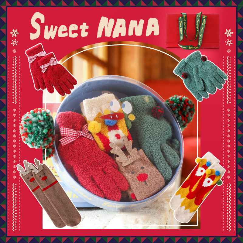Christmas Gift Box Snowman Women Kids Crew Socks Fuzzy Gloves Cozy Thick Warm Soft