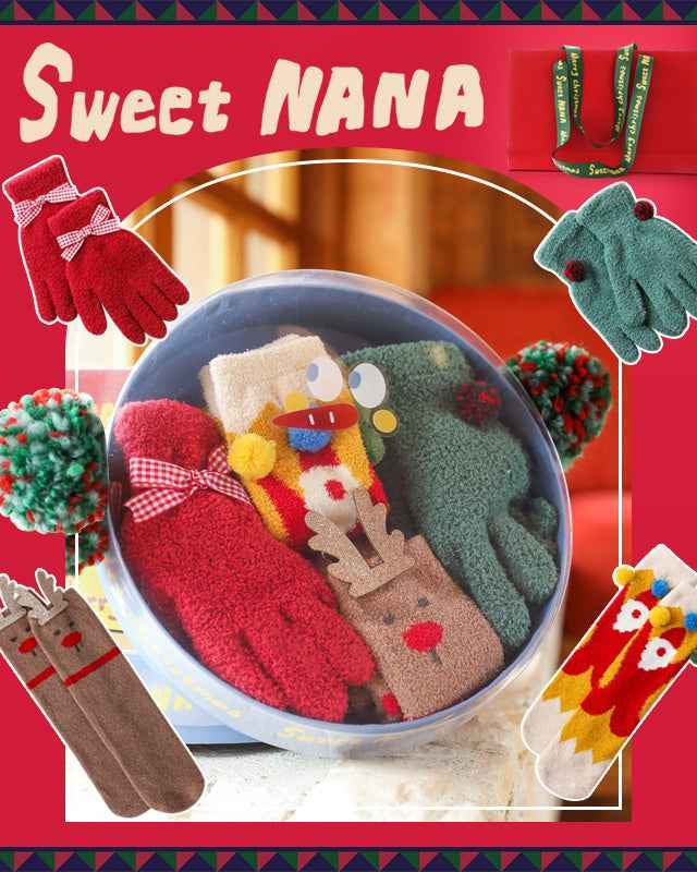 Christmas Gift Box Snowman Women Kids Crew Socks Fuzzy Gloves Cozy Thick Warm Soft