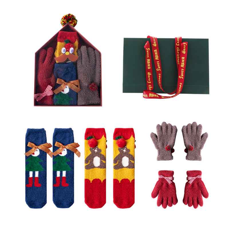 Christmas Gift Box Log Cabin Women Kids Crew Socks with Gloves Cozy Warm Soft