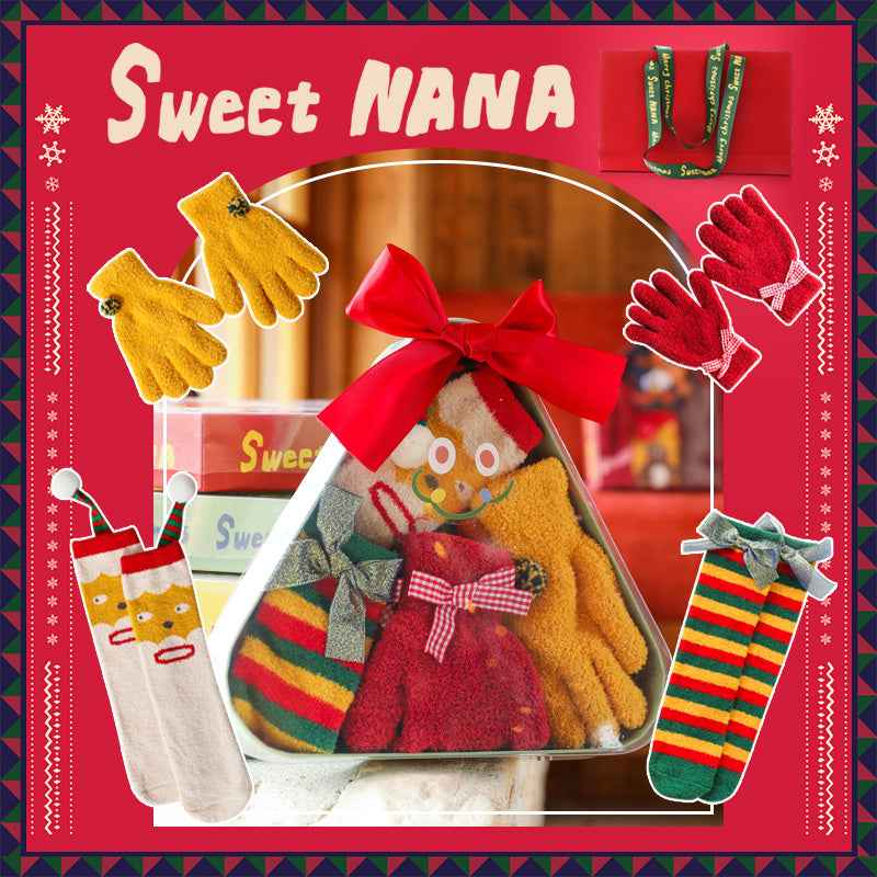 Christmas Gift Box Women Kids Crew Socks with Gloves Cozy Warm Soft Socks
