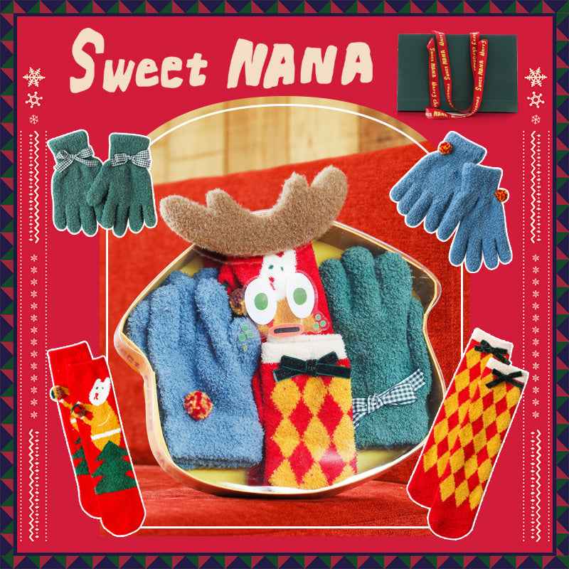 Christmas Gift Box Deer Women Kids Crew Socks with Gloves Cozy Warm Soft