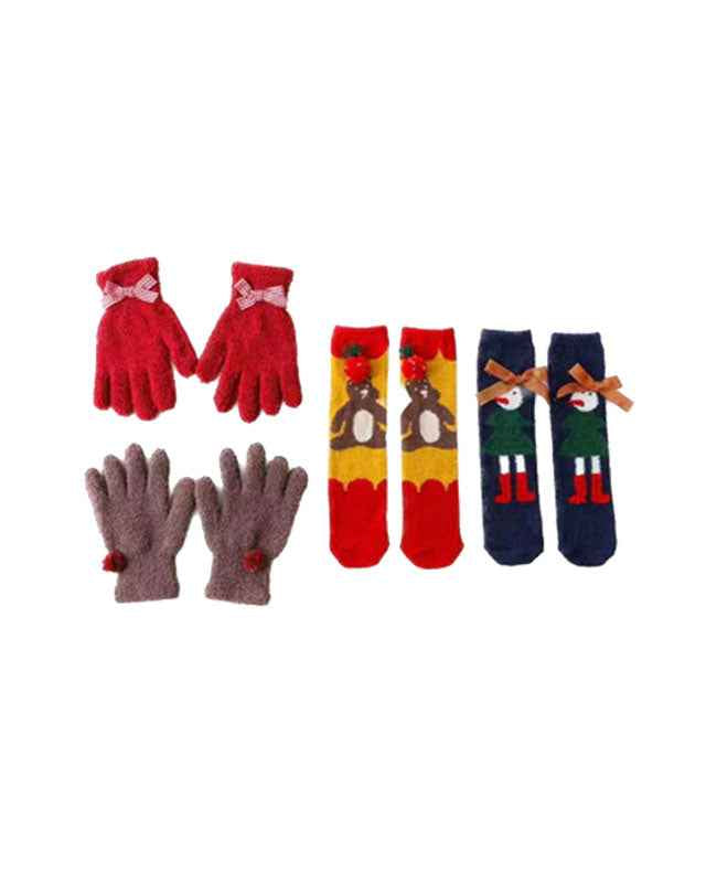 Christmas Gift Box Log Cabin Women Kids Crew Socks with Gloves Cozy Warm Soft