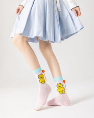 3-Pack Women Cotton Crew Socks Flower Cones Kawaii Cute Casual