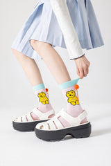 3-Pack Women Cotton Crew Socks Flower Cones Kawaii Cute Casual