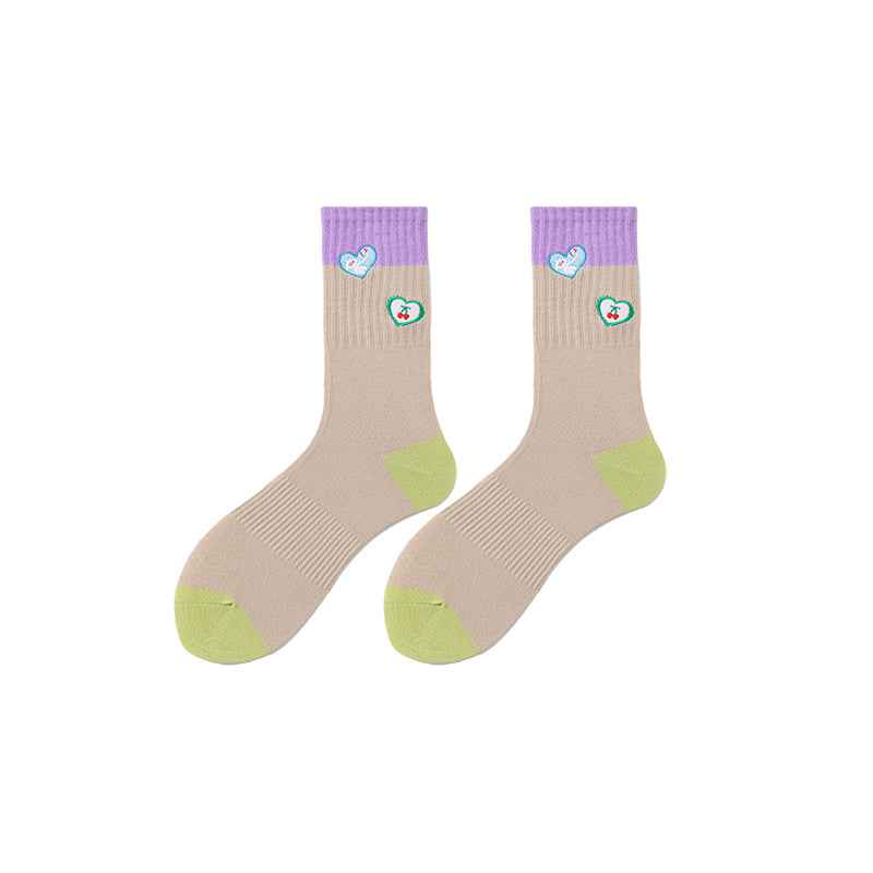 Sweetnana Cute Love Embroidery Series - Colorful Seamless Cotton Crew Socks for Women - Cozy and Stylish.