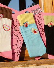 Sweetnana Cute Love Embroidery Series - 3 Pairs of Trendy, Cozy, and Colorful Seamless Crew Socks for Women