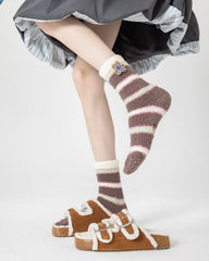 禮盒套裝舒適毛絨中筒襪子彩色條紋可愛卡通防滑