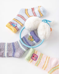 禮盒套裝舒適毛絨中筒襪子彩色條紋可愛卡通防滑