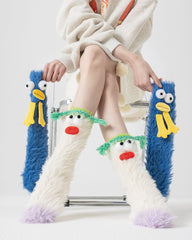 禮盒套裝女款中筒襪子毛絨保暖柔軟趣味搞怪卡通怪獸襪子