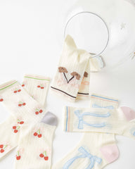Gift Box Set Womens Crew Socks Bear Cherry Bow Pattern Cute Casual Style