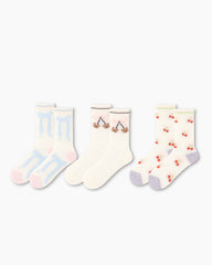 Gift Box Set Womens Crew Socks Bear Cherry Bow Pattern Cute Casual Style