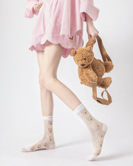 Gift Box Set Womens Crew Socks Row Bear Mesh Bow Pattern Cute Socks