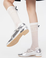 Women Antibacterial Cotton Mesh Knee High Socks Letter Bowknot
