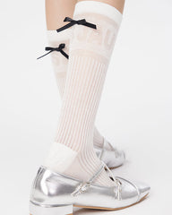 Women Antibacterial Cotton Mesh Knee High Socks Letter Bowknot