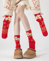 New Year 3D Horse Patch Red Socks Galloping Success Combed Cotton Crew Socks