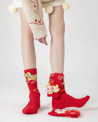 New Year 3D Horse Patch Red Socks Galloping Success Combed Cotton Crew Socks