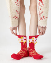 New Year 3D Horse Patch Red Socks Galloping Success Combed Cotton Crew Socks