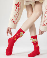 New Year 3D Horse Patch Red Socks Horse of Fortune Combed Cotton Crew Socks