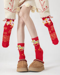 New Year 3D Horse Patch Red Socks Horse of Fortune Combed Cotton Crew Socks