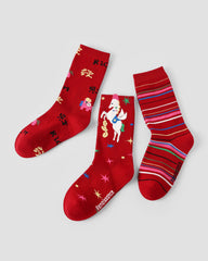 New Year 3 Pack Womens Crew Socks Immediate Wealth Horse Festive Pattern