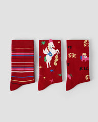 New Year 3 Pack Womens Crew Socks Immediate Wealth Horse Festive Pattern