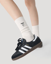 素色蝴蝶結刺繡女款中筒襪子舒適無縫