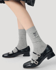 Solid Color Bow Embroidery Women Crew Socks Cozy Seamless