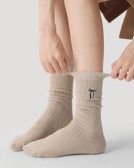 Solid Color Bow Embroidery Women Crew Socks Cozy Seamless