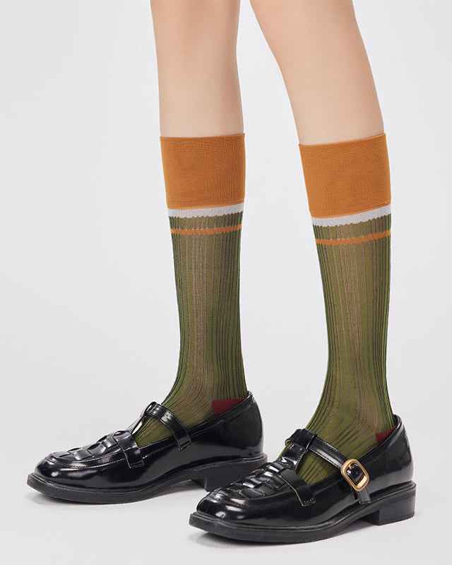 Women Glass Stockings Retro Stripe Contrast Color Seamless Thin Breathable