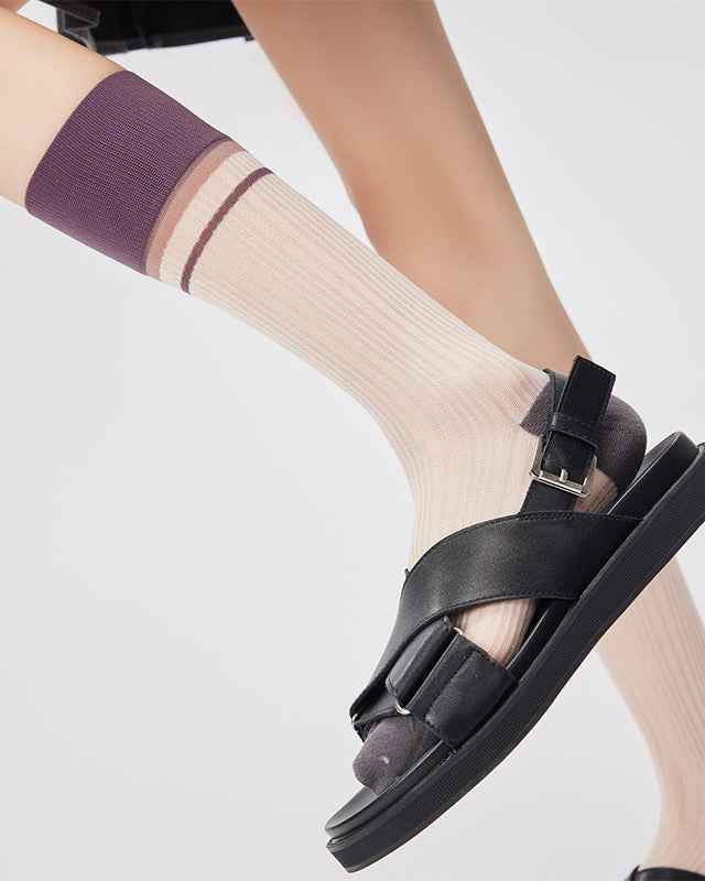 Women Glass Stockings Retro Stripe Contrast Color Seamless Thin Breathable