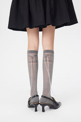 여성용 얇고 통기성 좋은 면 소재의 솔리드 리본 스위트 니하이 양말