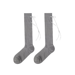 여성용 얇고 통기성 좋은 면 소재의 솔리드 리본 스위트 니하이 양말