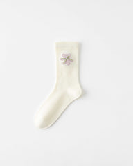 女款中筒襪子蝴蝶結小熊系列棉質可愛刺繡休閒襪子