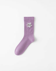 女款中筒襪子蝴蝶結小熊系列棉質可愛刺繡休閒襪子