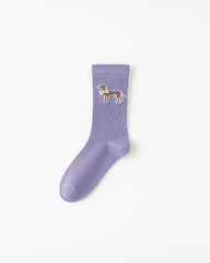 女款中筒襪子 蝴蝶結狗狗系列 棉質 可愛刺繡 休閒襪子