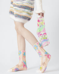 Women Crew Socks Graffiti Series Fuzzy Thick Warm Soft Non Slip
