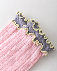 Women Crew Socks Hollow Knit Contrast Double Lettuce Edge Slouch Socks