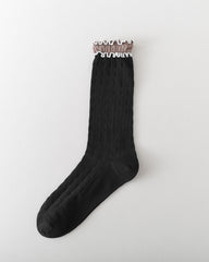 Women Crew Socks Hollow Knit Contrast Double Lettuce Edge Slouch Socks