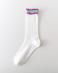Women Crew Socks Hollow Knit Contrast Double Lettuce Edge Slouch Socks