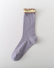 Women Crew Socks Hollow Knit Contrast Double Lettuce Edge Slouch Socks